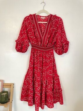 MAX STUDIO Red floral midi dress with quarter length puff sleeves size small